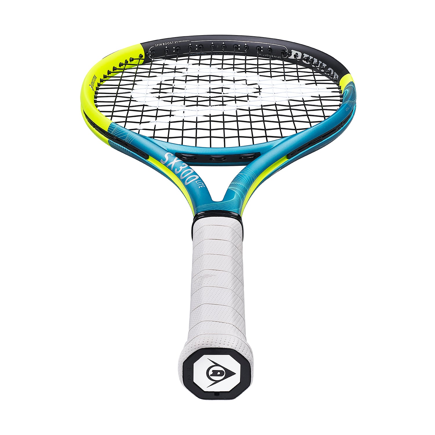 Dunlop SX300 Lite tennis racquet, blue, yellow, and black frame with white grip, angled view.