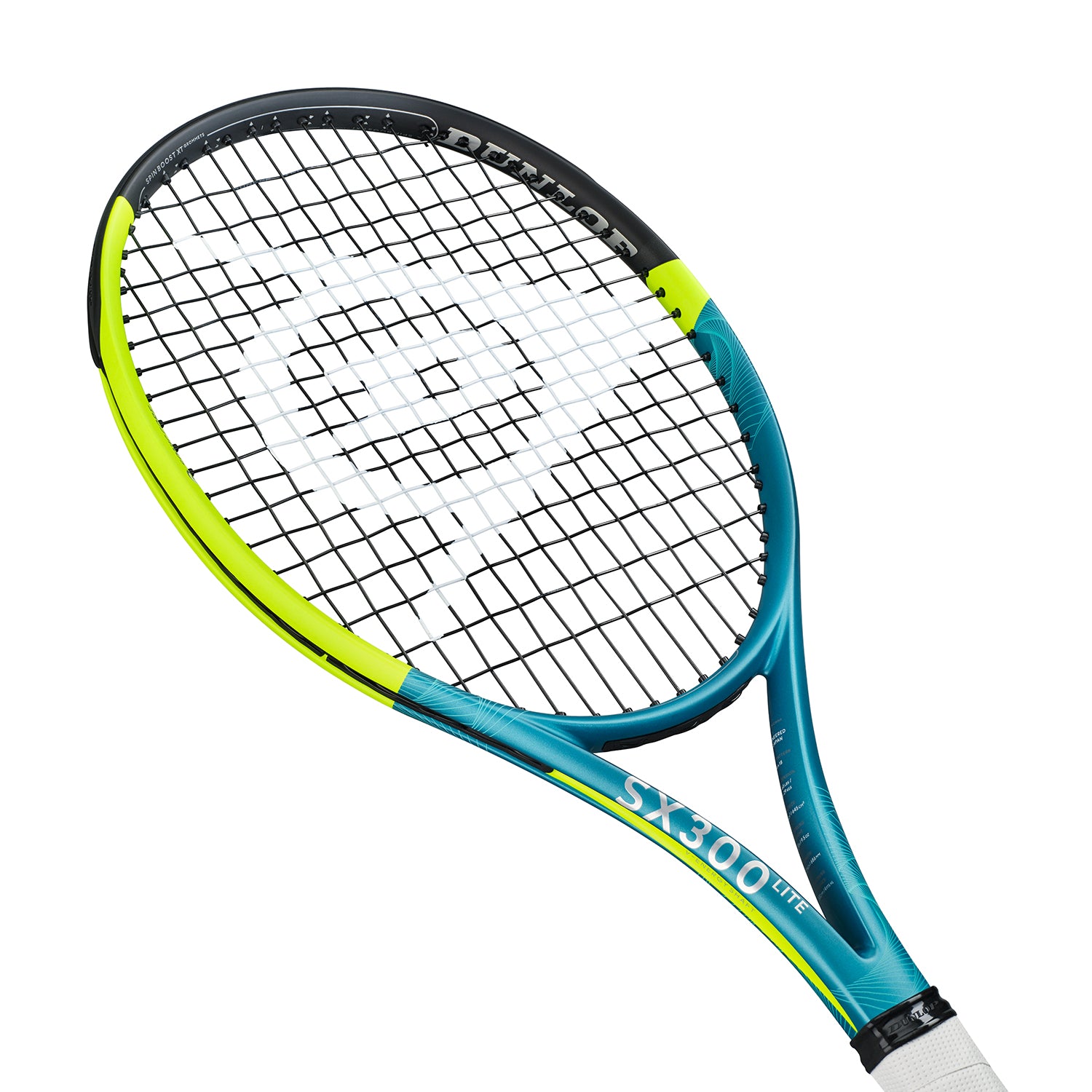 Dunlop SX300 Lite tennis racquet in teal, black, and neon yellow with white strings.