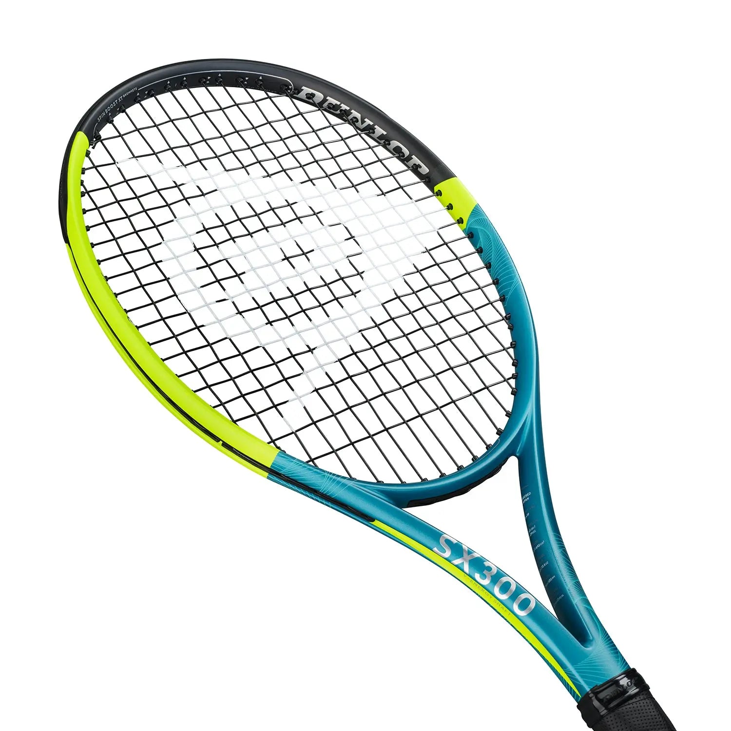 Dunlop SX300 tennis racquet, unstrung, with a teal frame, neon yellow accents, and black grip.