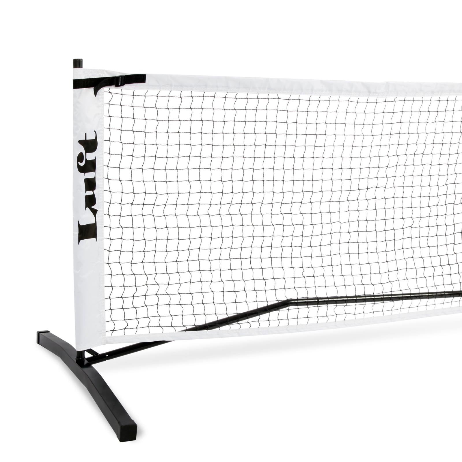 Luft 6.8M heavy-duty pickleball net with black steel frame and white PVC oxford cloth.