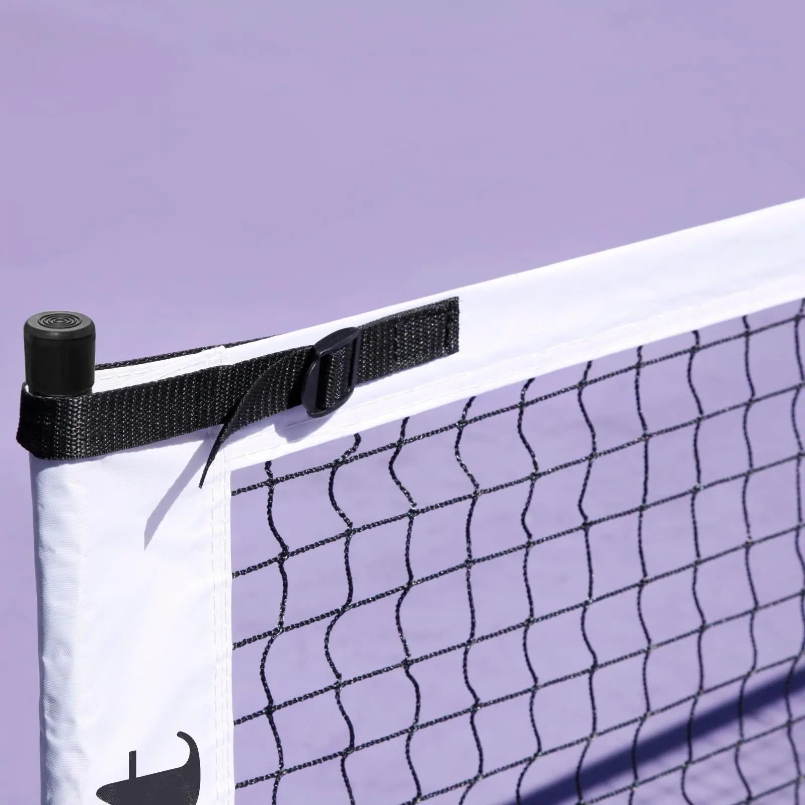 Luft 6.8M pickleball net with white PVC oxford cloth top band and black netting, on a purple court.