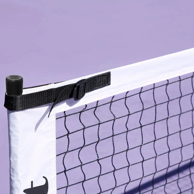 Luft 6.8M pickleball net with white PVC oxford cloth top band and black netting, on a purple court.