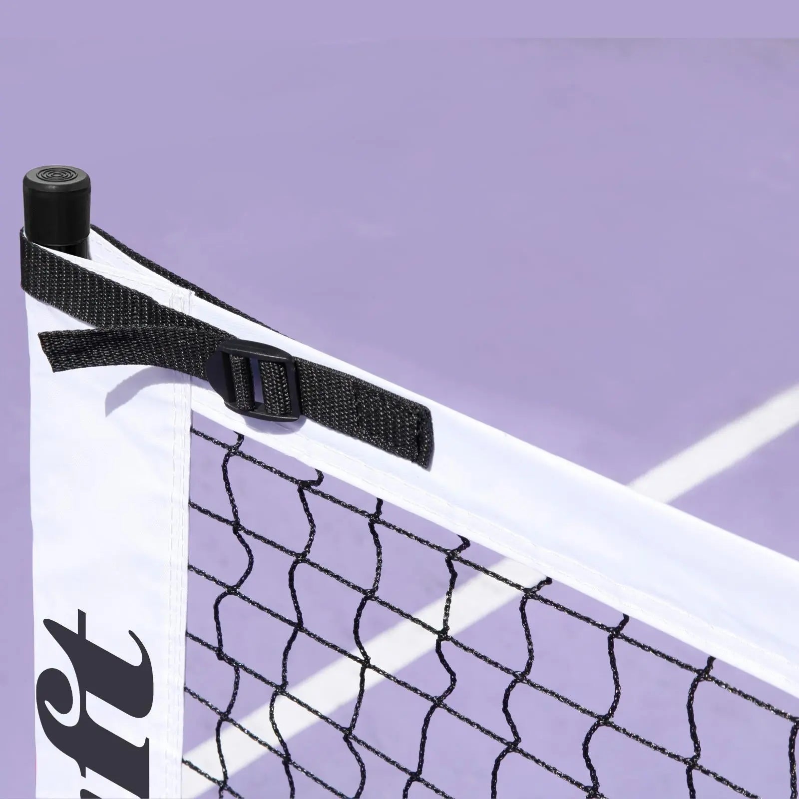 Luft 6.8M white PVC oxford cloth pickleball net with black mesh and strap, on a purple court.