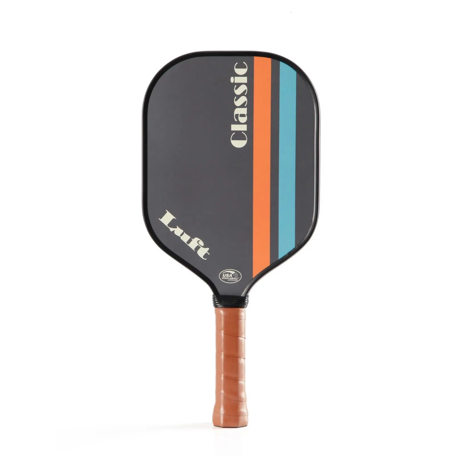 Luft Classic Pickleball Paddel (225g) with charcoal fibreglass face, orange/blue stripes, and tan grip.