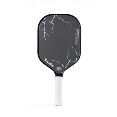 Luft Lightning pickleball paddle, black raw carbon face with white lightning design, white grip.