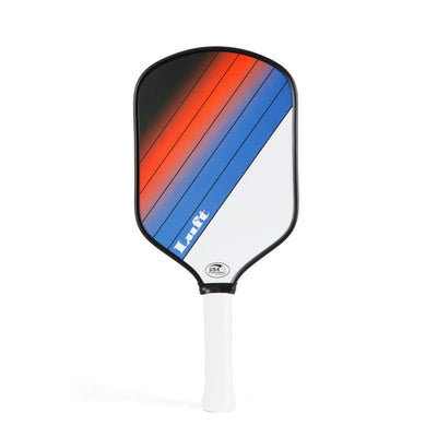 Luft Pickleball Paddle Precision, black, red, blue, and white carbon face, white grip.