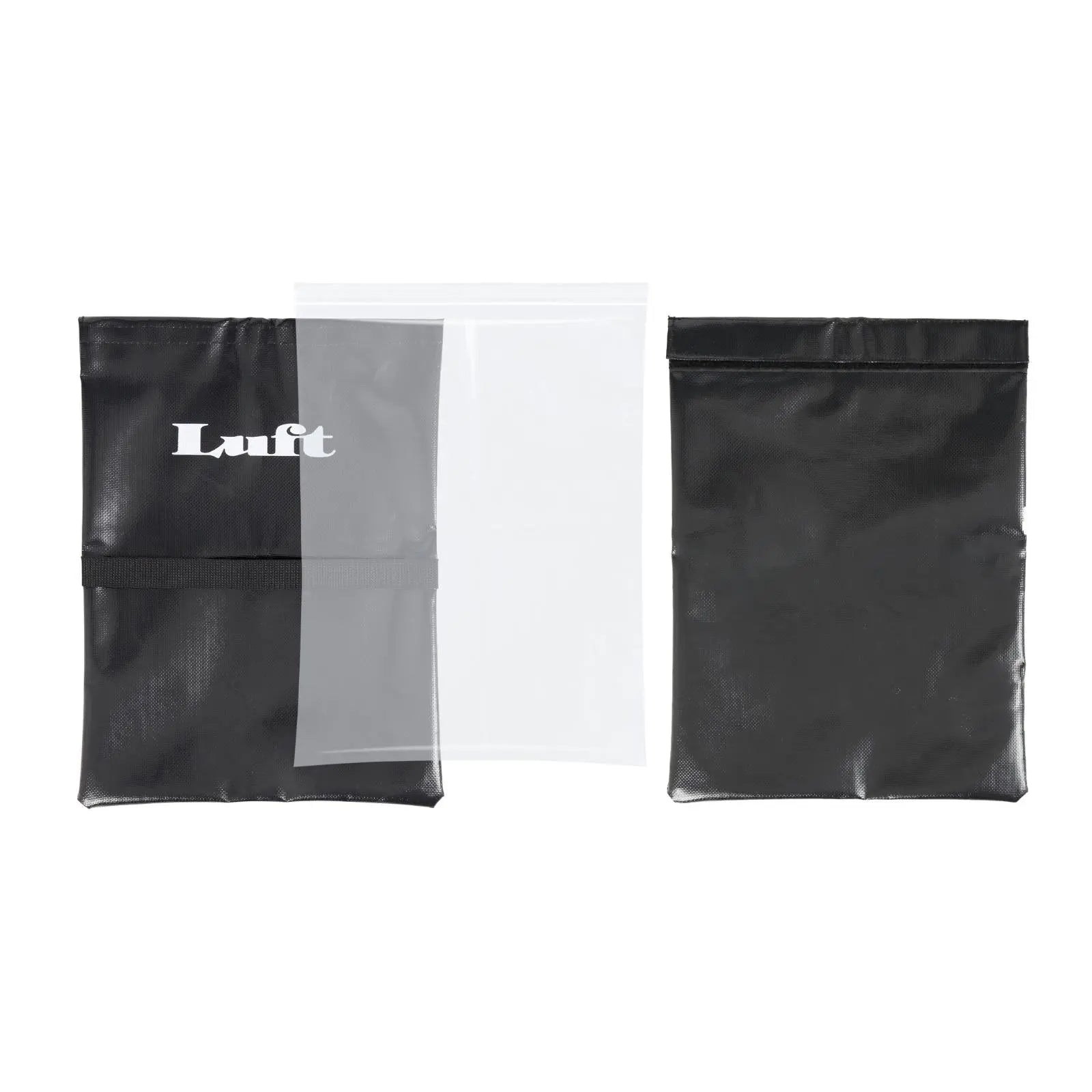 Black Luft Sand Bag for pickleball net stability, with clear inner bag and white logo.