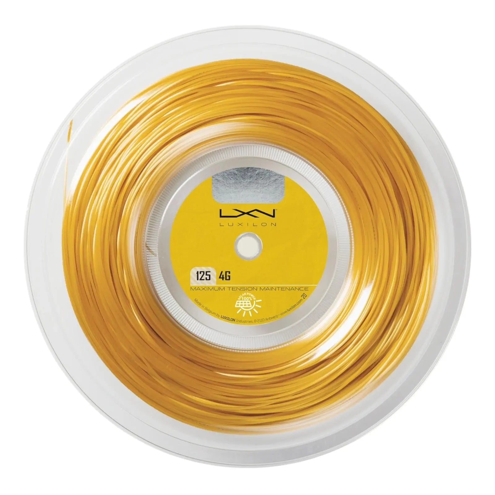 Luxilon 4G 125 tennis string reel, bright yellow polyester, for control and precision.