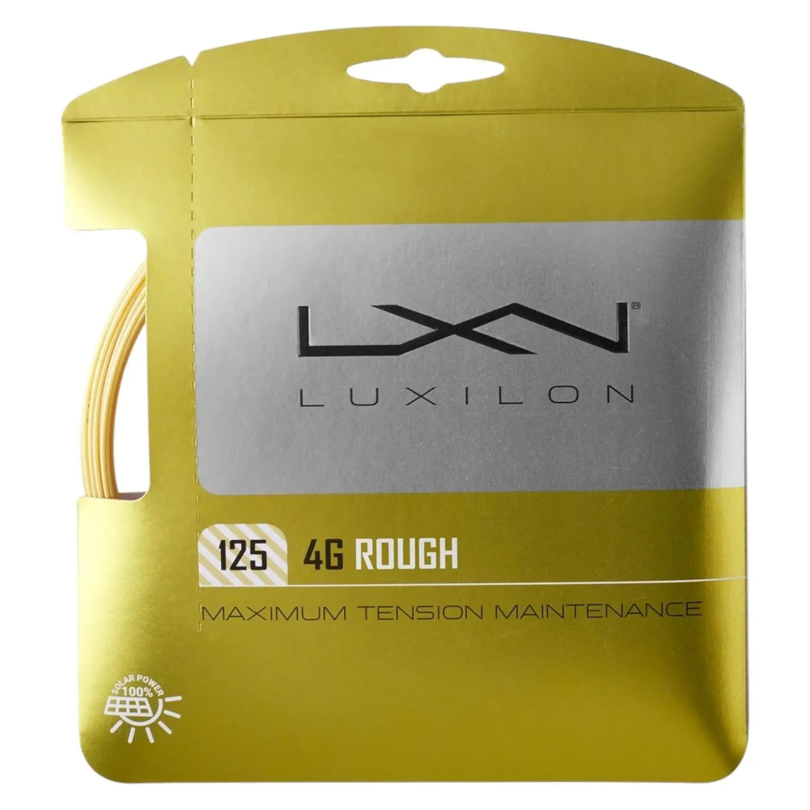 Luxilon 4G Rough 125 tennis string set in gold packaging, showing coiled yellow string.