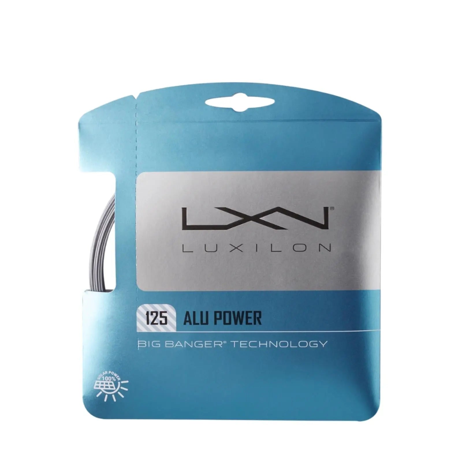 Luxilon Alu Power 125 silver tennis string set in blue and silver packaging, showing "Big Banger Technology.