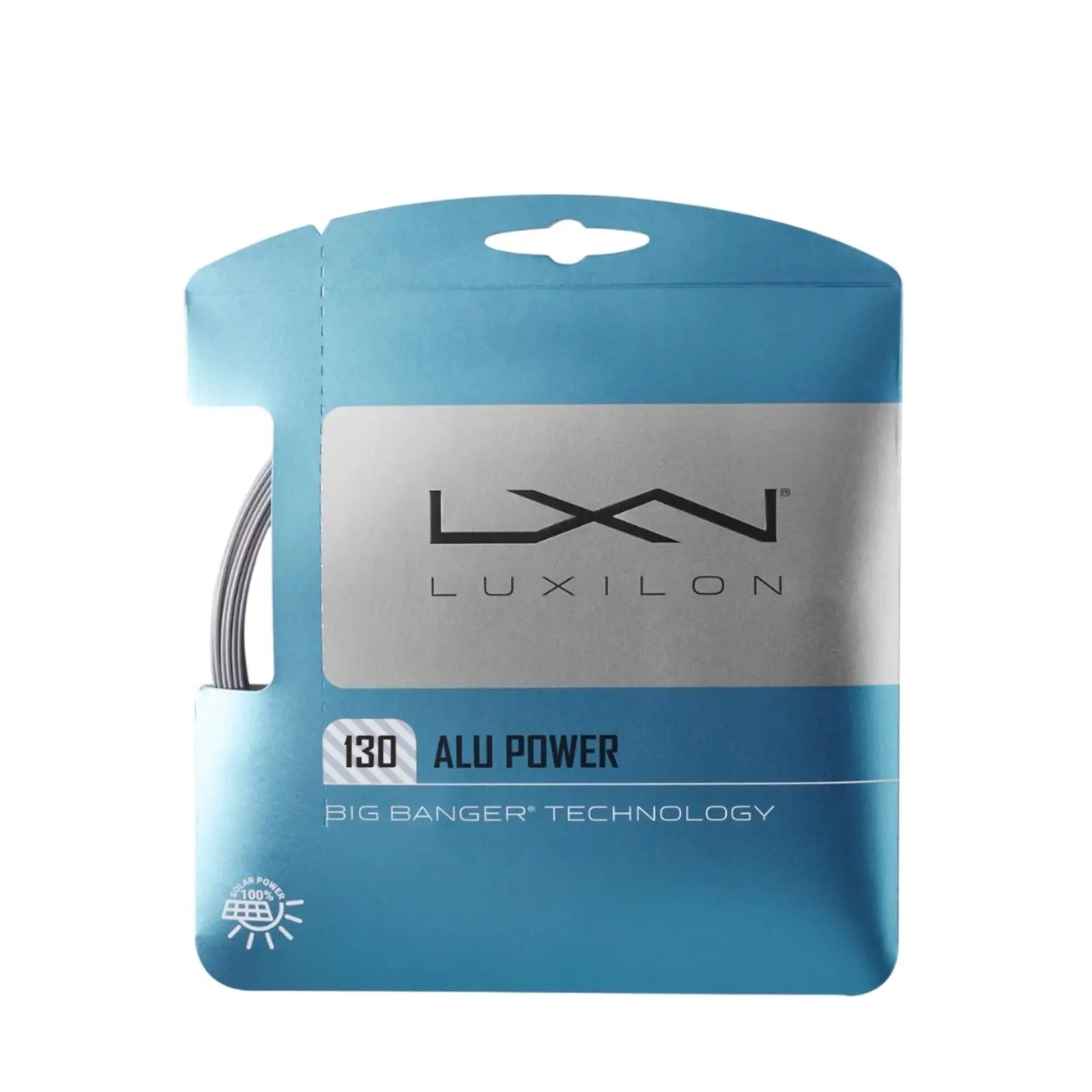 Luxilon Alu Power 130 silver tennis string set in blue and silver packaging.