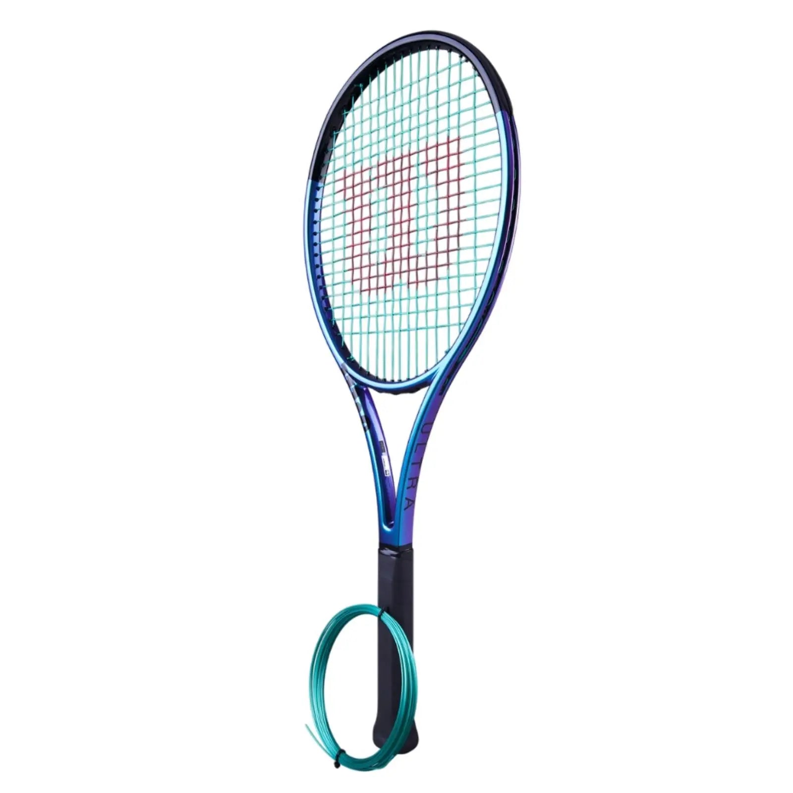 Blue and purple tennis racket with teal strings, next to a coiled reel of teal Luxilon Eco Power 125 string.