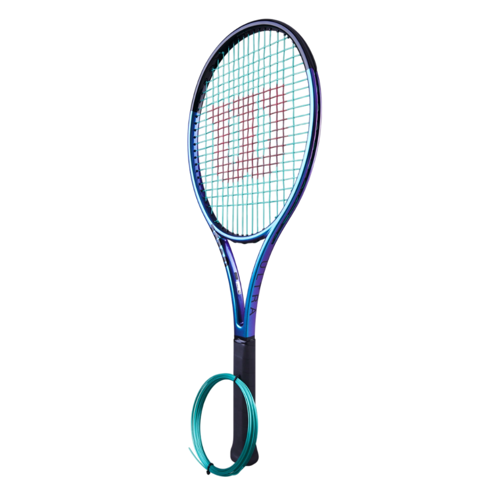Blue and purple tennis racket with teal strings, next to a coiled reel of teal Luxilon Eco Power 125 string.