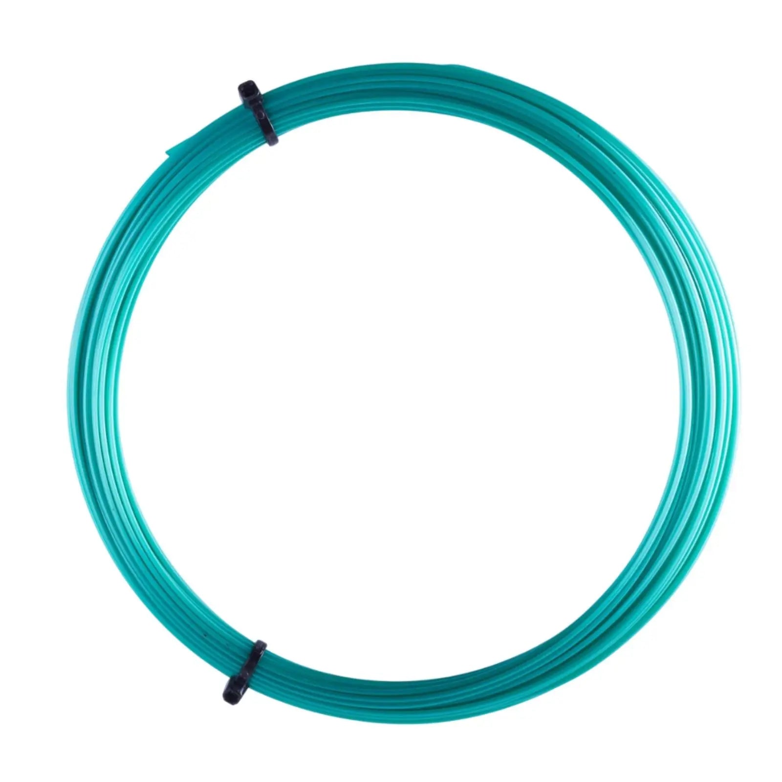 Coiled teal Luxilon Eco Power 125 tennis string, made from recycled polyester, secured with black ties.