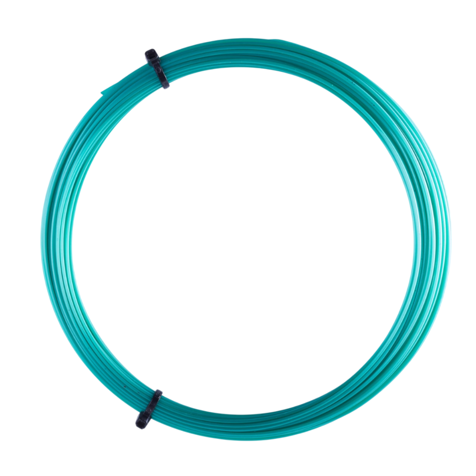 Coiled teal Luxilon Eco Power 125 tennis string, made from recycled polyester, secured with black ties.