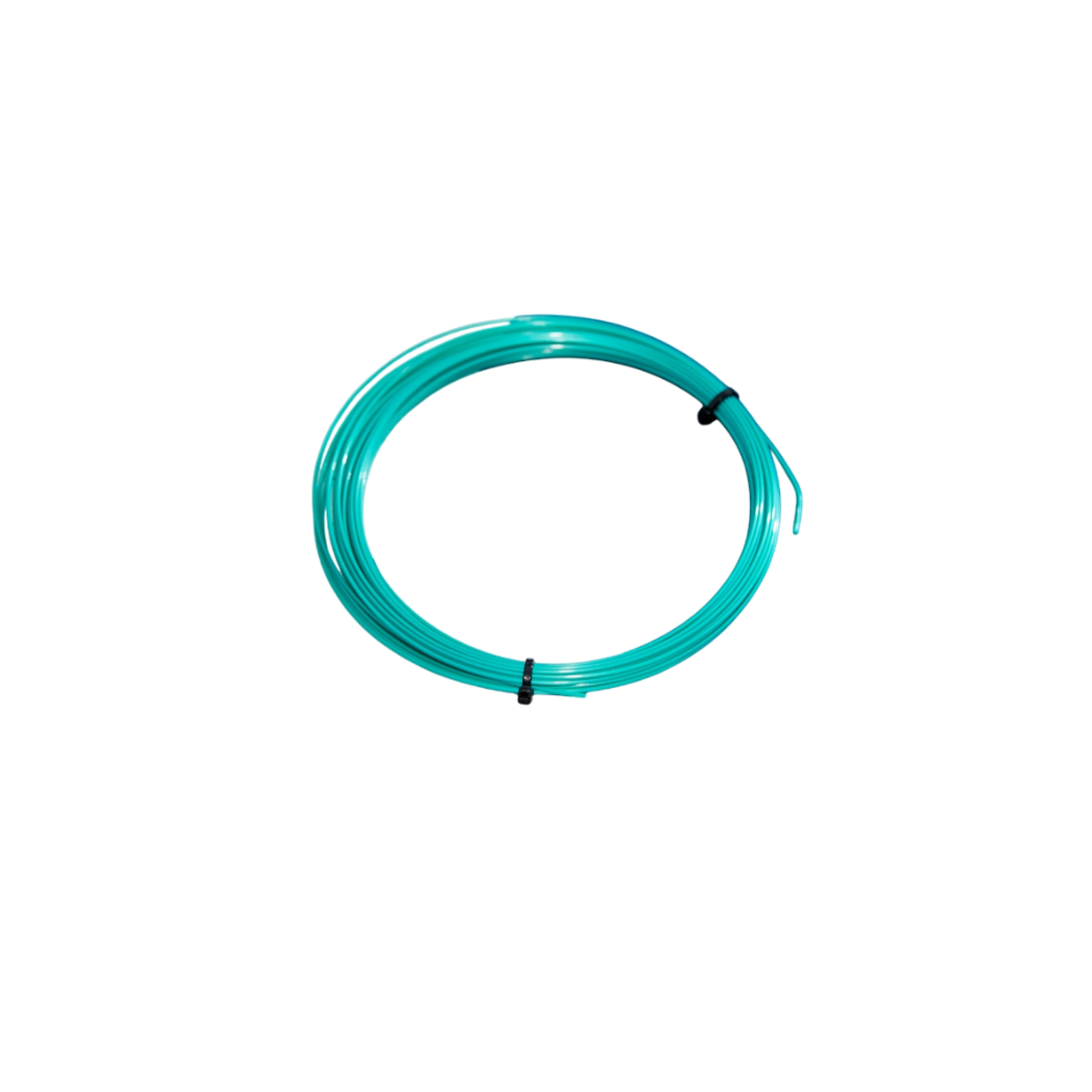 Coiled teal Luxilon Eco Power 125 tennis string, made from recycled polyester, secured with a black tie.