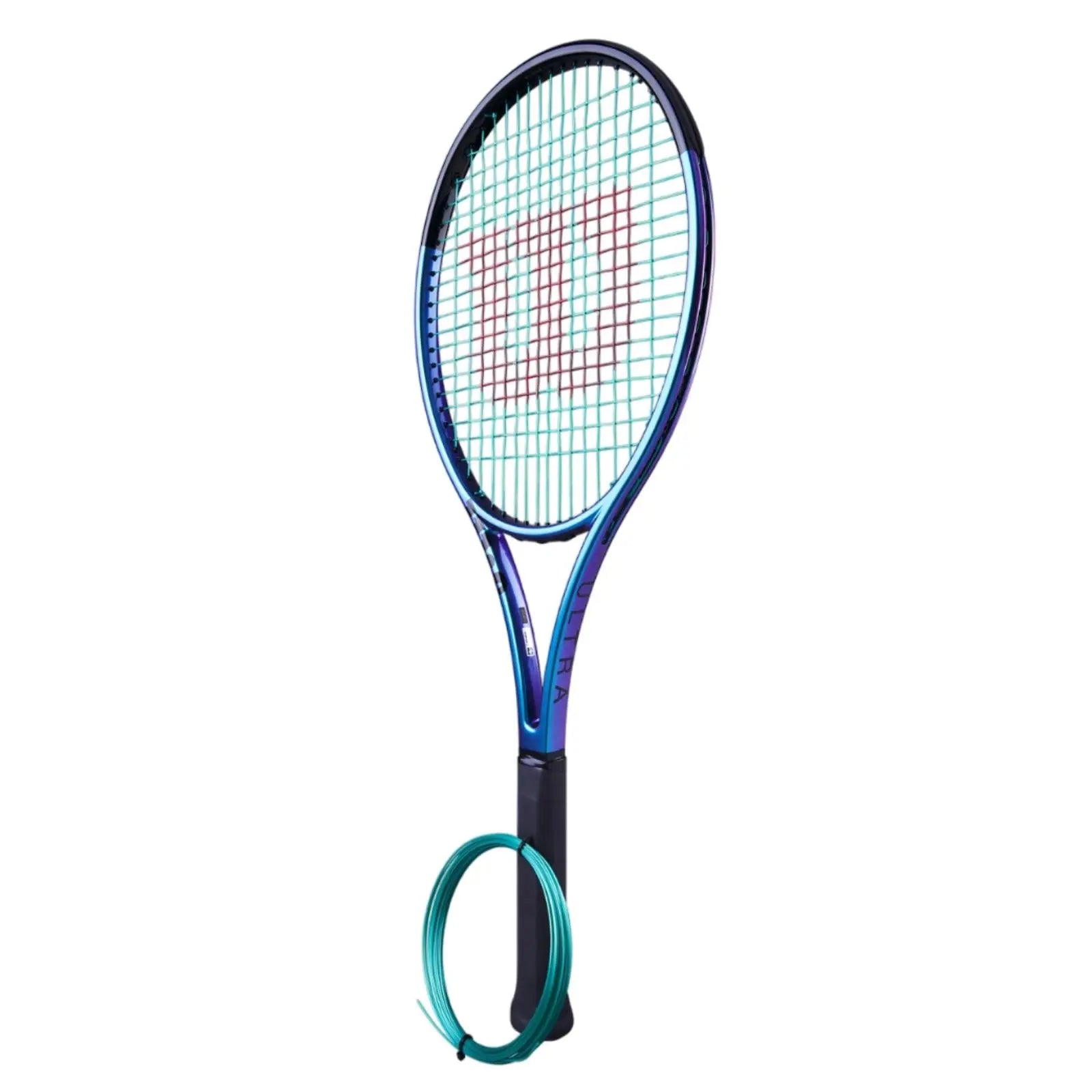Wilson tennis racket with blue-purple frame, light blue strings, and a coil of green Luxilon Eco Power 125 string.