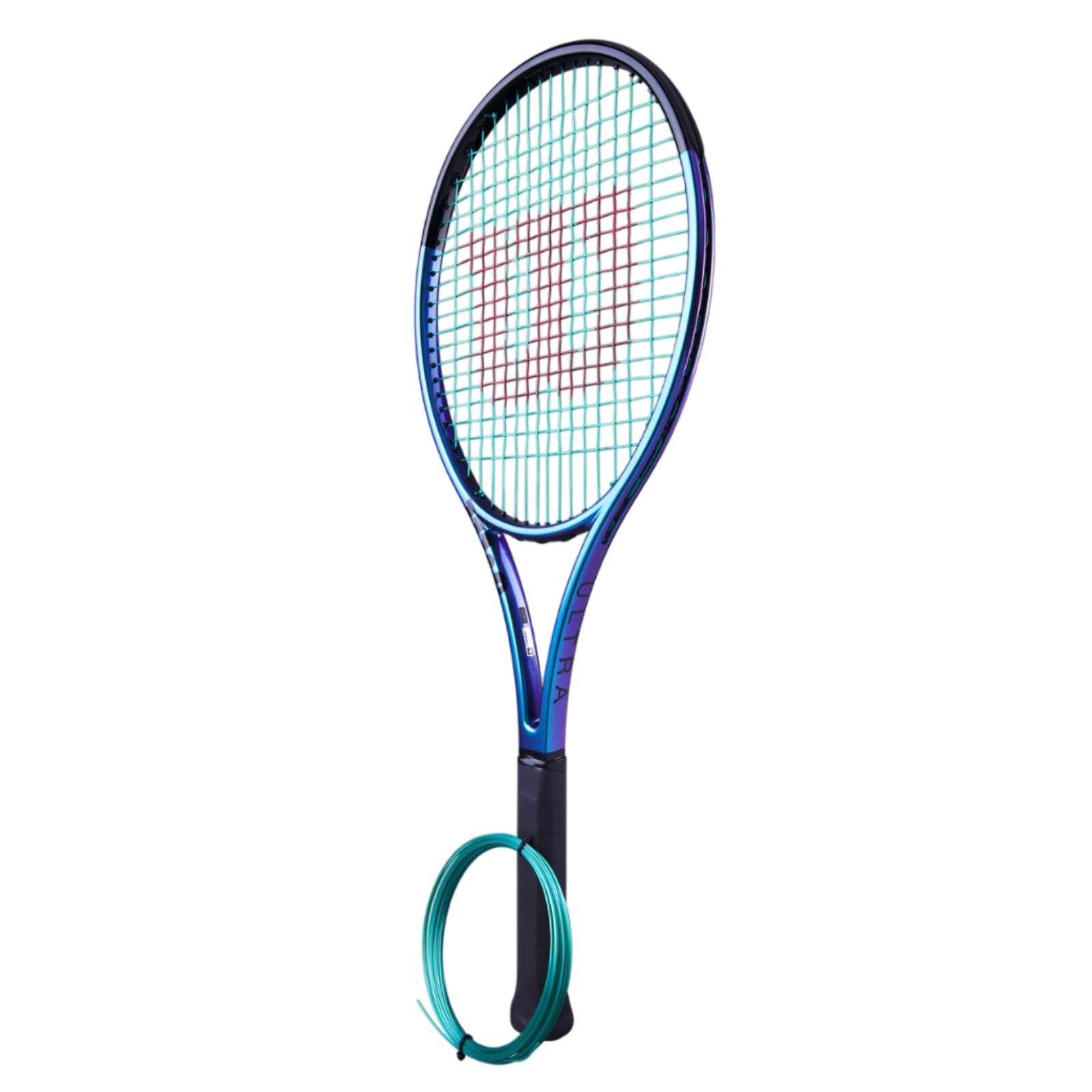 Wilson tennis racket with blue-purple frame, light blue strings, and a coil of green Luxilon Eco Power 125 string.