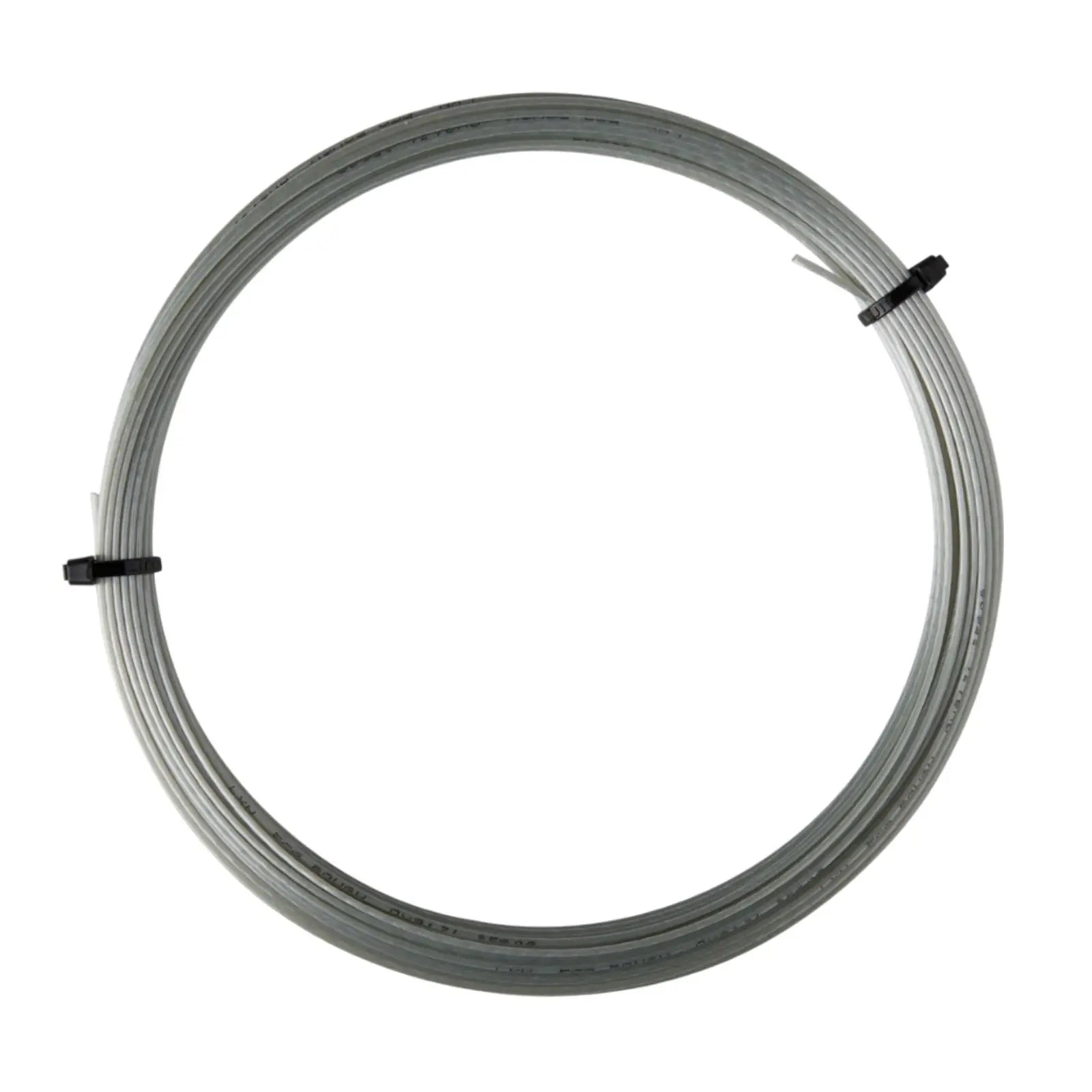 Coiled light gray Luxilon Eco Rough 125 tennis string set, secured with black ties.