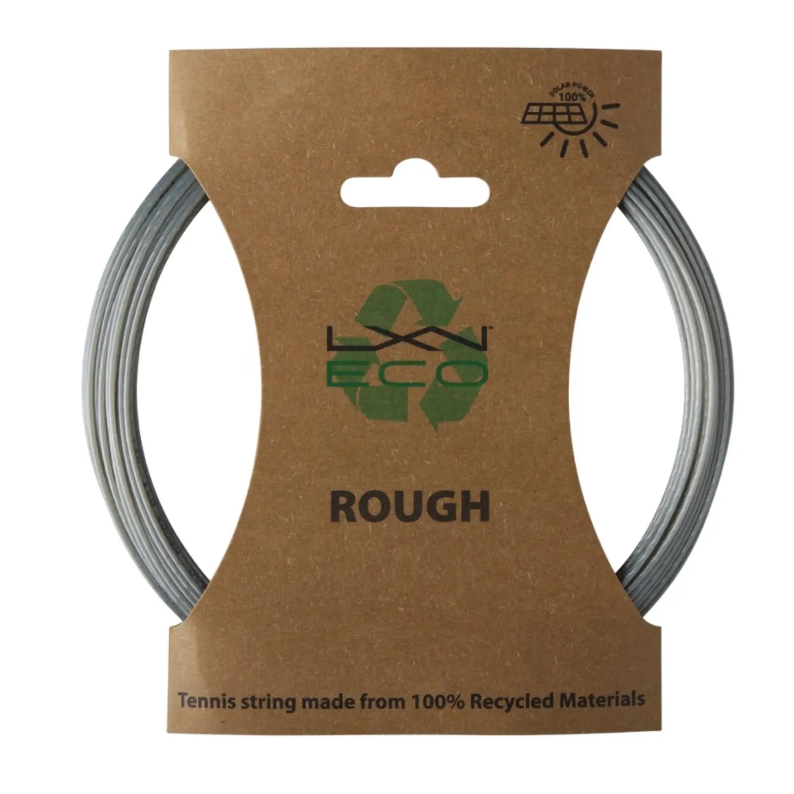 Gray Luxilon Eco Rough 125 tennis string set on a brown recycled cardboard package.