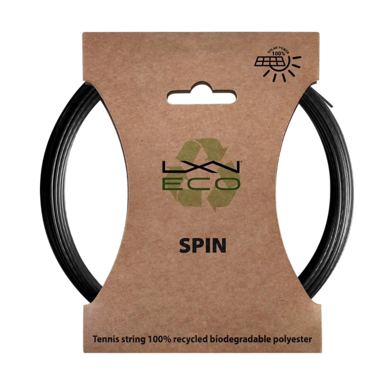 Black Luxilon Eco Spin 125 tennis string set on a brown recycled cardboard package.