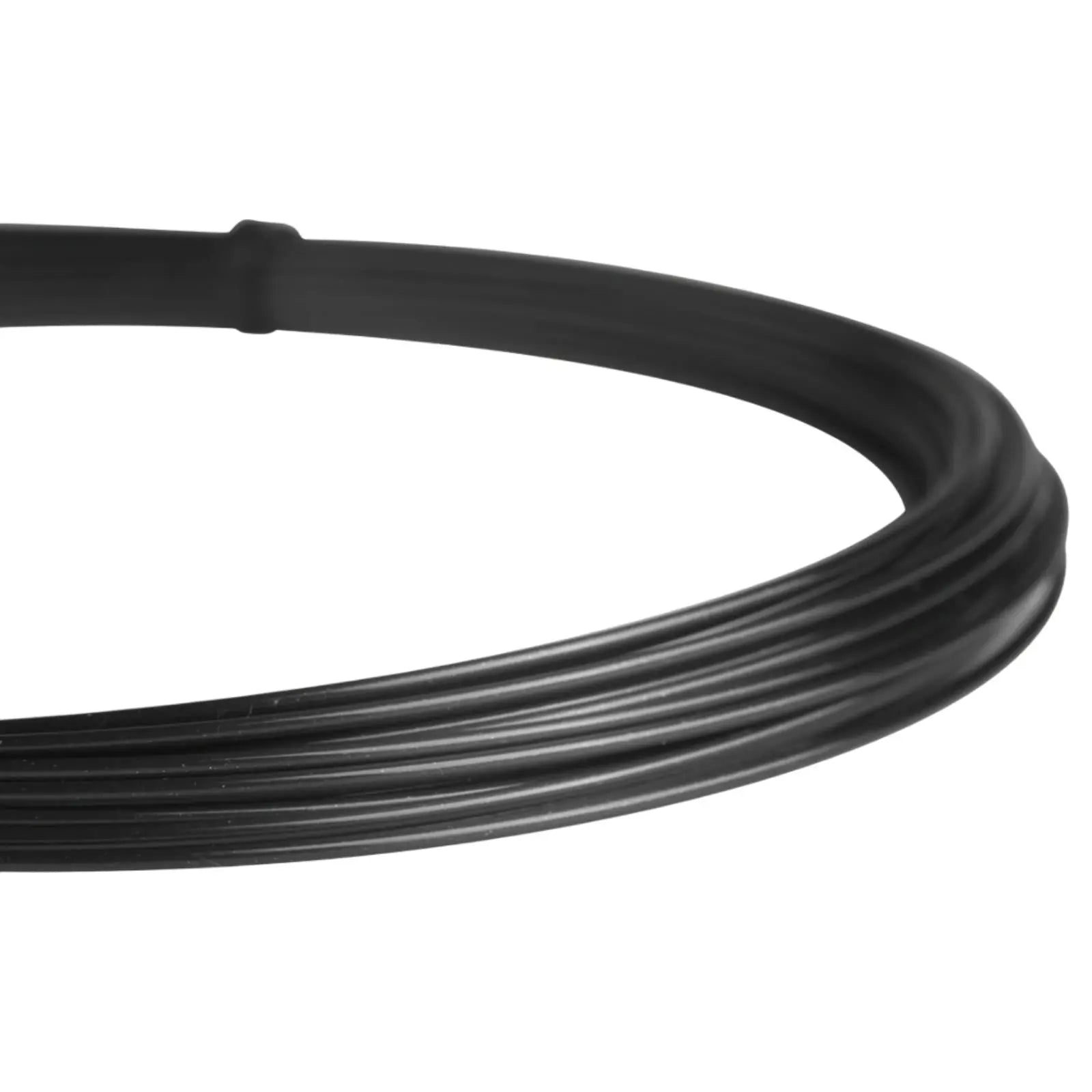 Close-up of a coiled black Luxilon Eco Spin 125 tennis string reel, showing its pentagon-shaped profile.