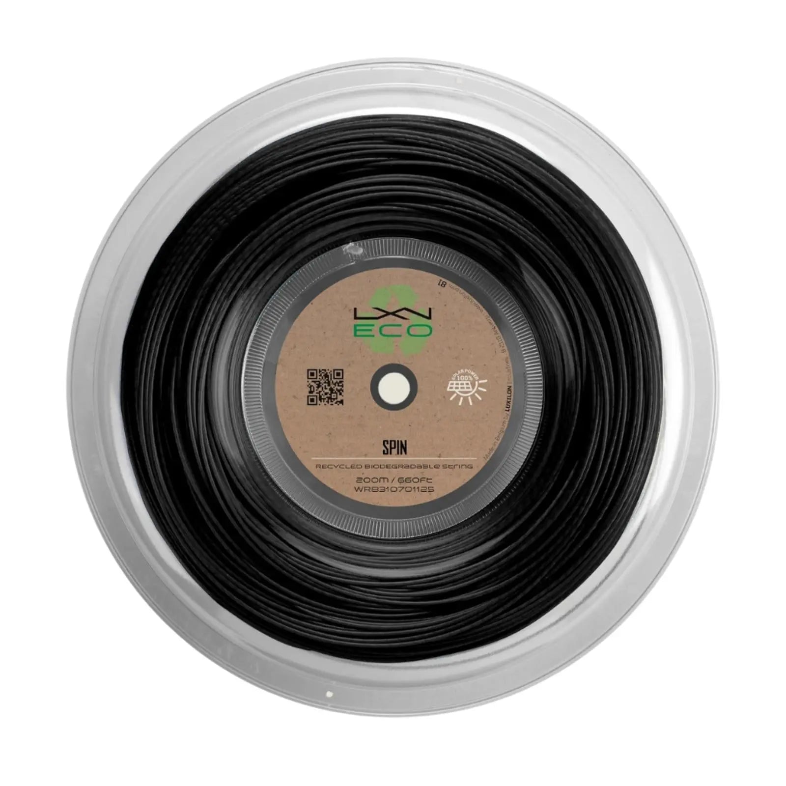 Black Luxilon Eco Spin 125 tennis string reel with brown recycled label, 200M/660FT.