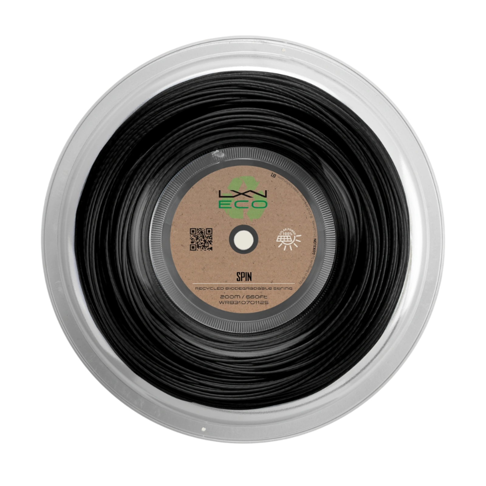 Black Luxilon Eco Spin 125 tennis string reel with brown recycled label, 200M/660FT.