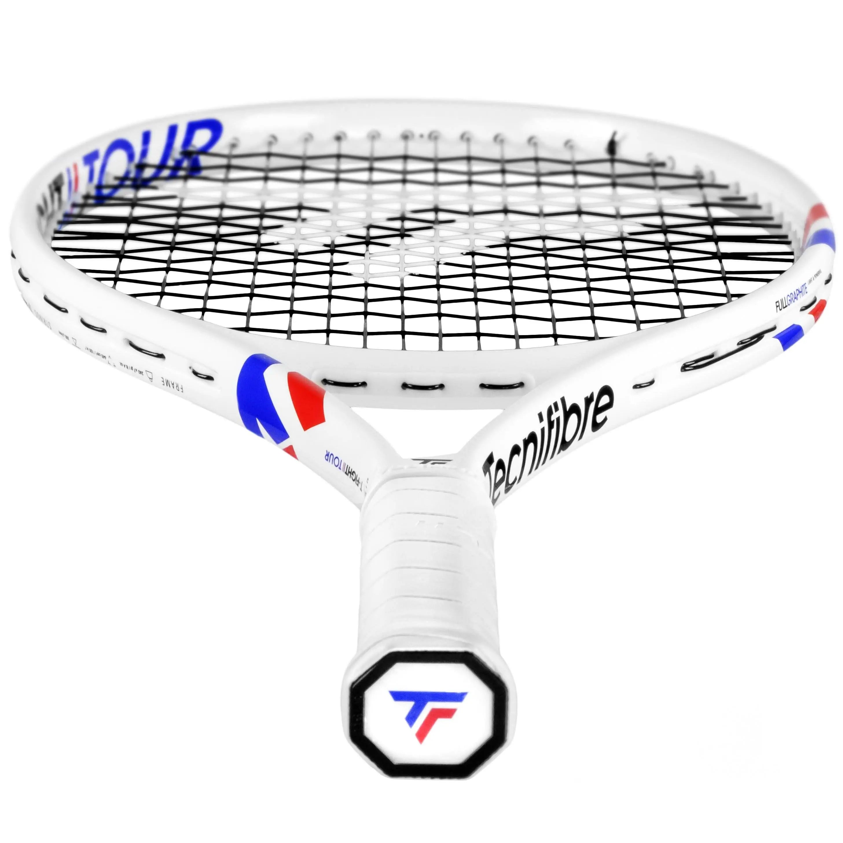 White Tecnifibre Junior TFight 26 tennis racquet with red and blue accents, black strings, and white grip.