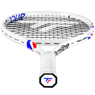 White Tecnifibre Junior TFight 26 tennis racquet with red and blue accents, black strings, and white grip.
