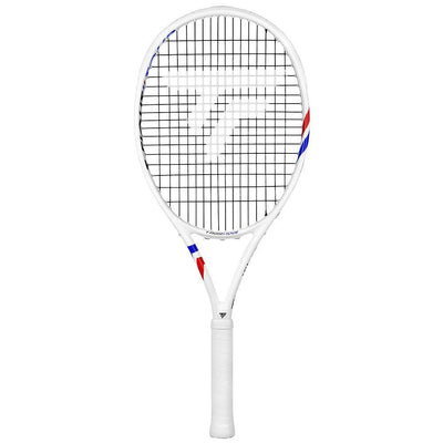 White Tecnifibre Junior TFight 26 tennis racquet with blue and red accents, 250g.