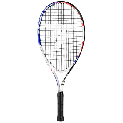 Tecnifibre Junior TFight Club 23 tennis racquet, white, blue, red, and black with a black grip.