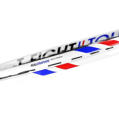White Tecnifibre TFight Tour 25 junior tennis racquet with red and blue stripes, "FULLGRAPHITE" text.