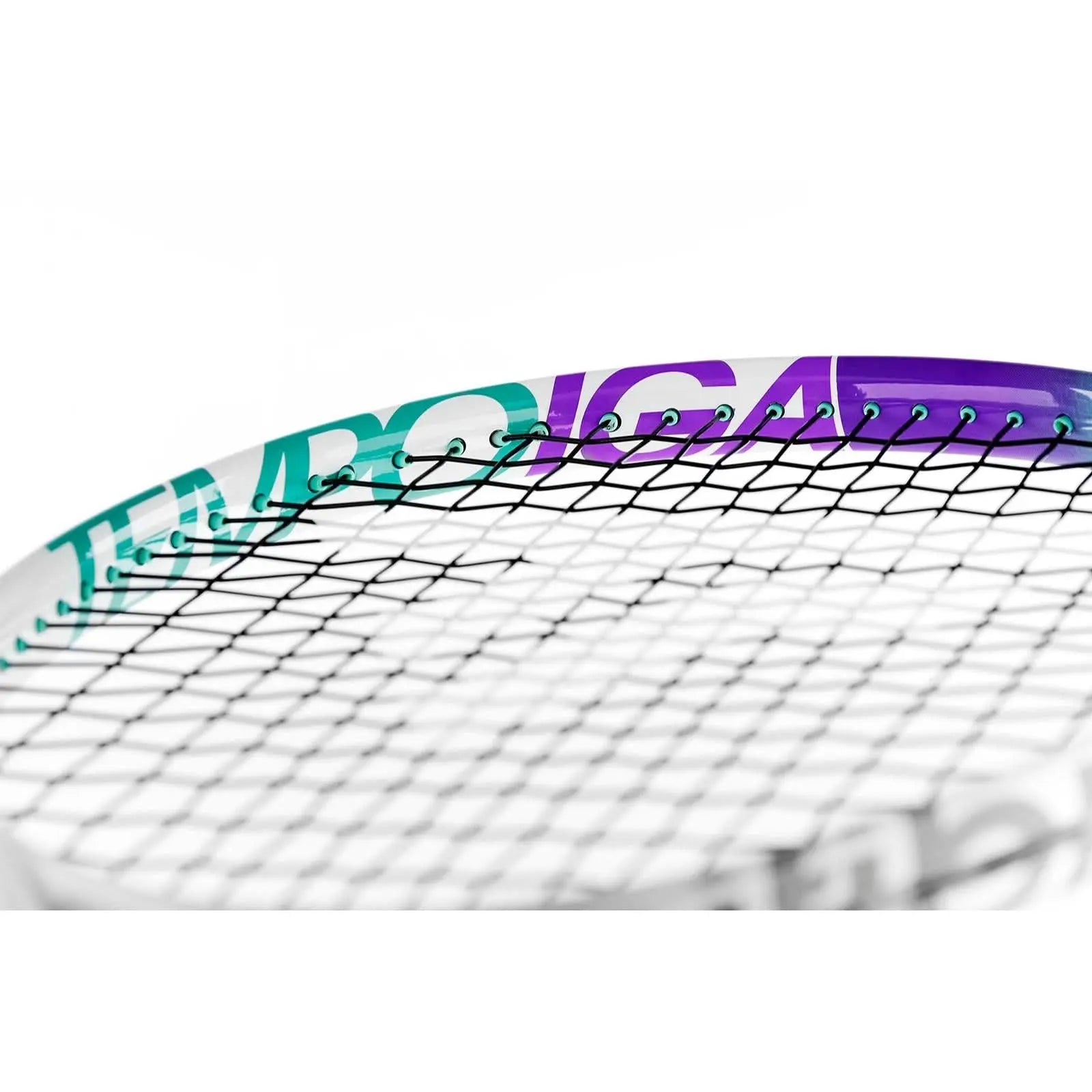Tecnifibre Tempo Iga 21 junior tennis racquet head, white frame with teal and purple "TEMPO IGA" lettering.