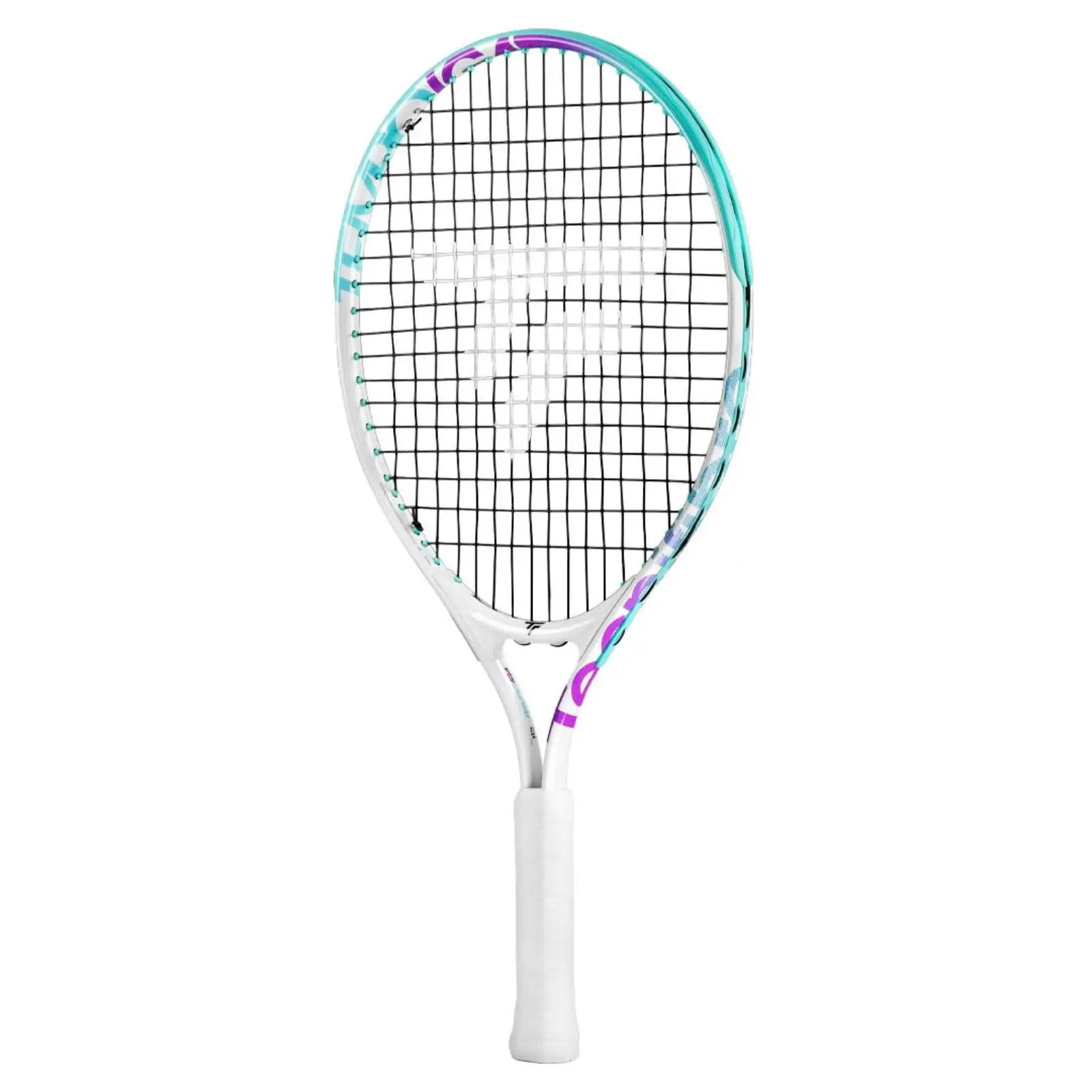 White Tecnifibre Tempo Iga 21 junior tennis racquet with teal and purple accents.