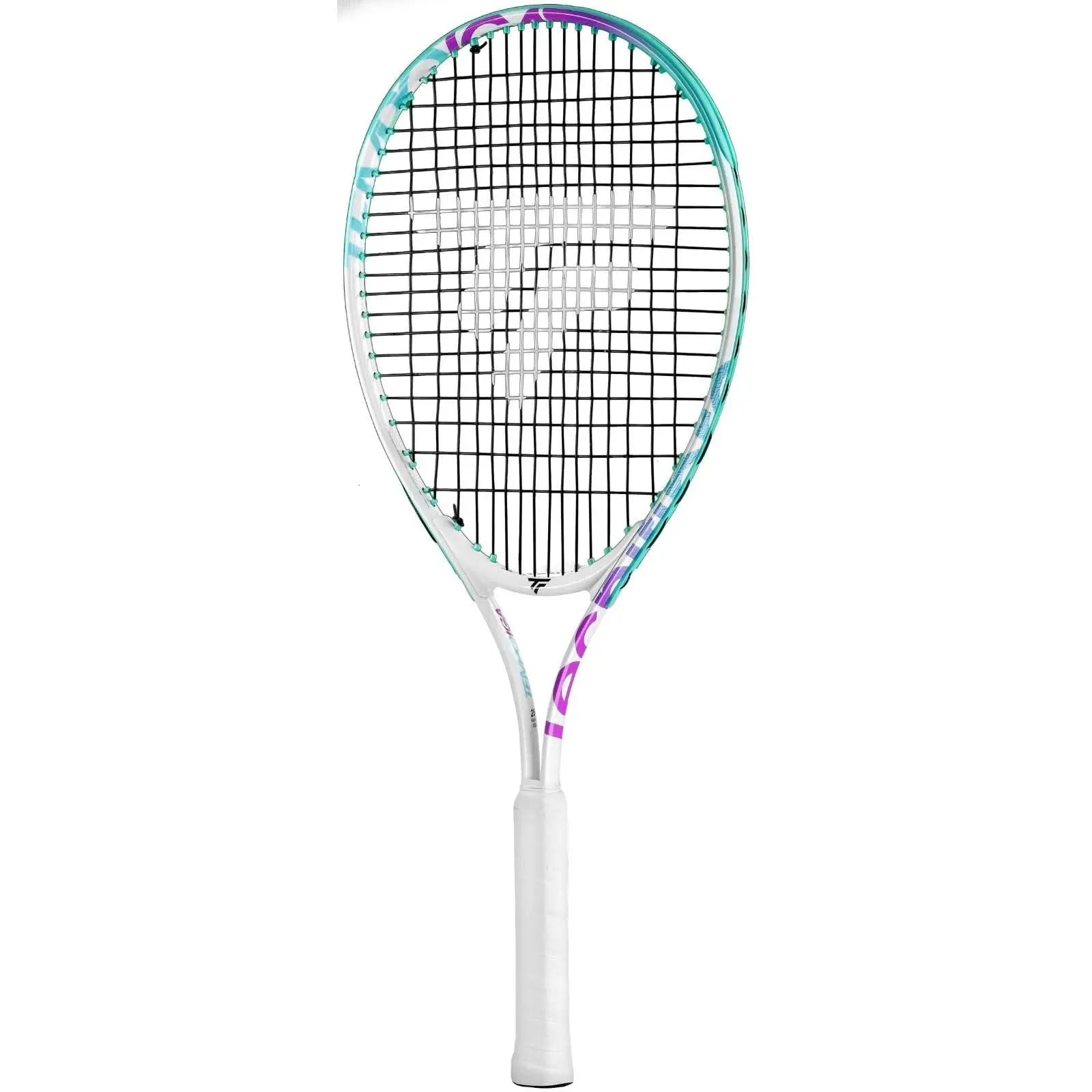 White Tecnifibre Tempo Iga 25 junior tennis racquet with teal and purple abstract design.