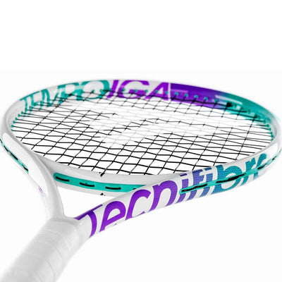White Tecnifibre Tempo Iga 26 junior tennis racquet with purple and teal accents, black strings.