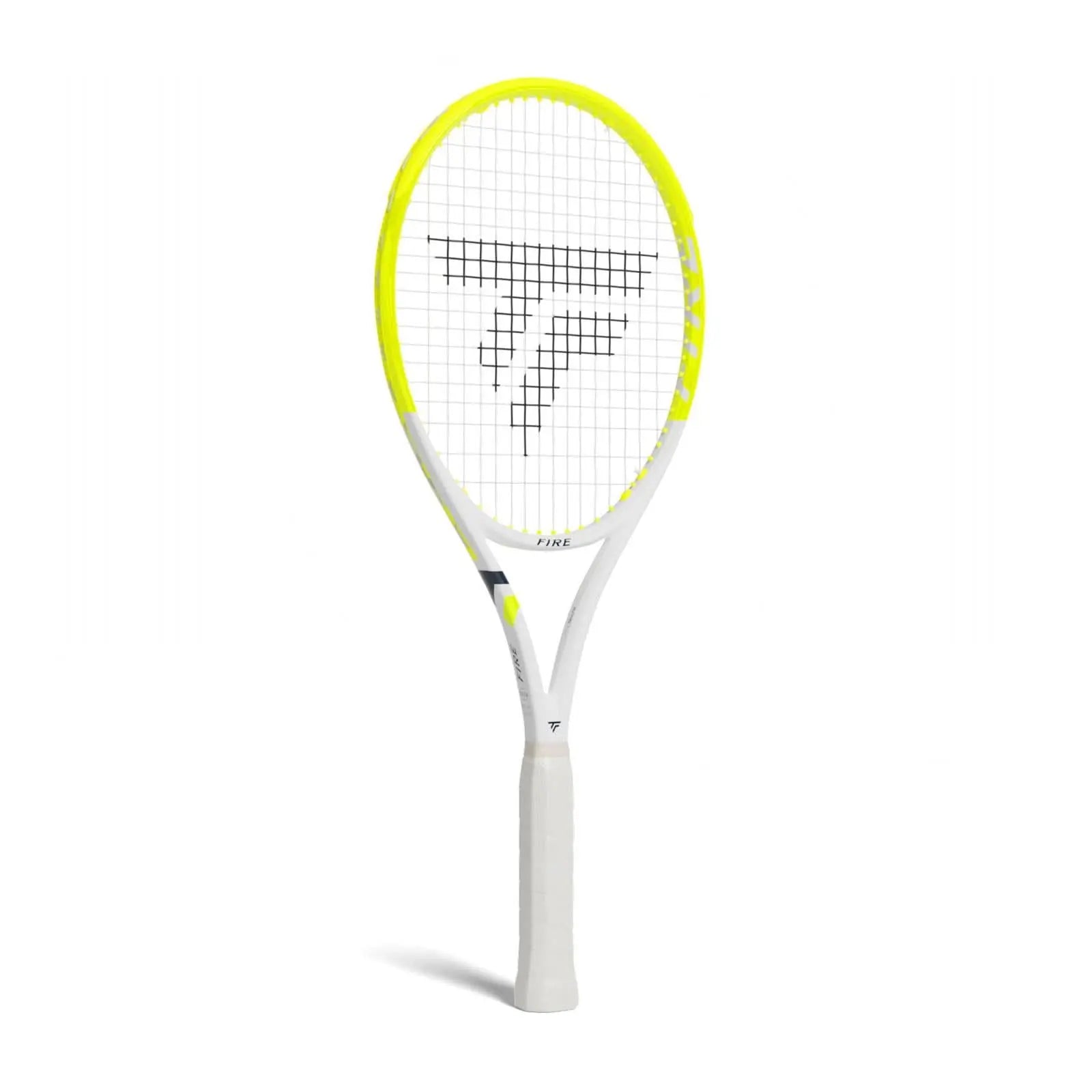 Tecnifibre Fire 255 tennis racquet with a neon yellow and white frame, black strings, and white grip.