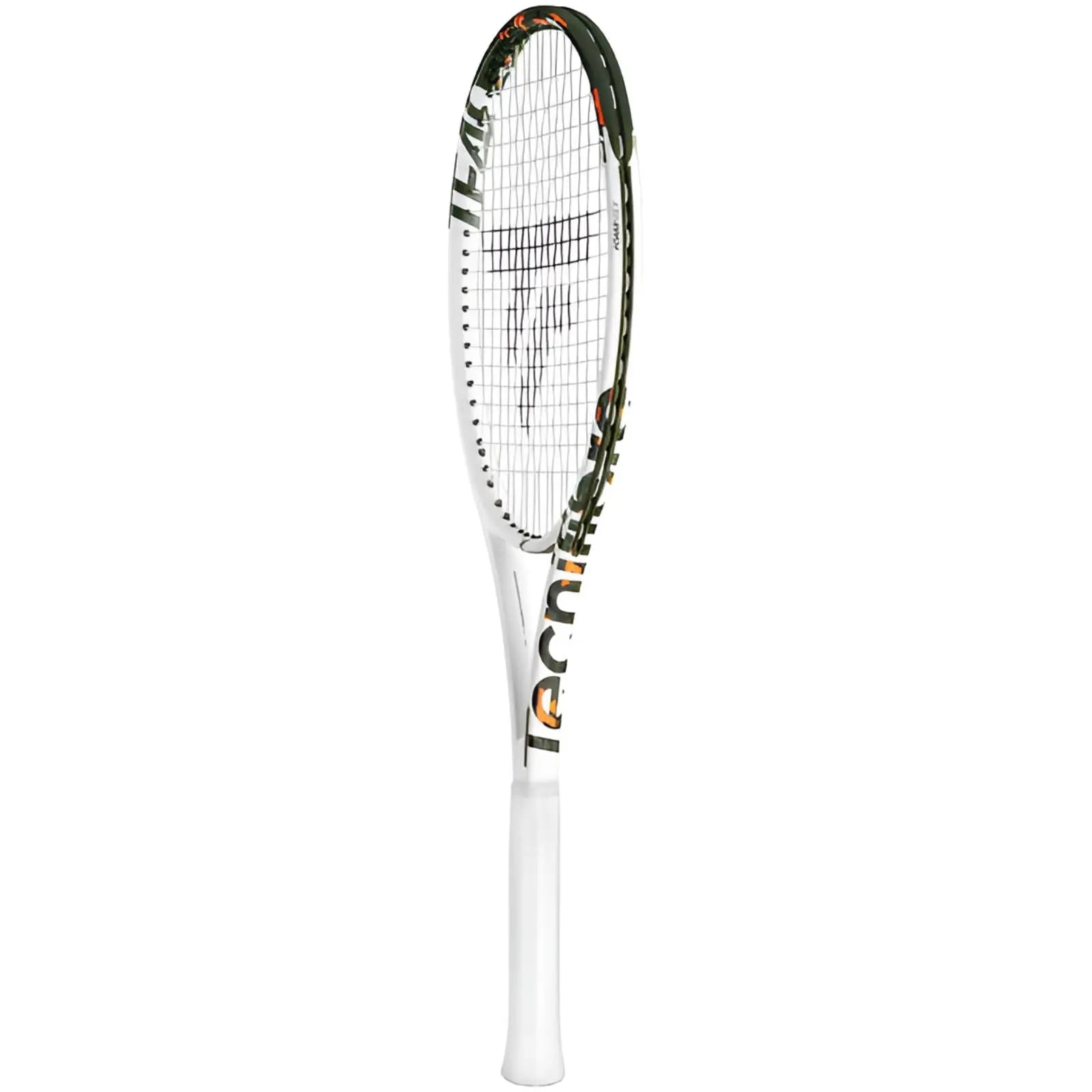White Tecnifibre TF40 305 tennis racquet with orange and black accents, 16x19 string pattern.
