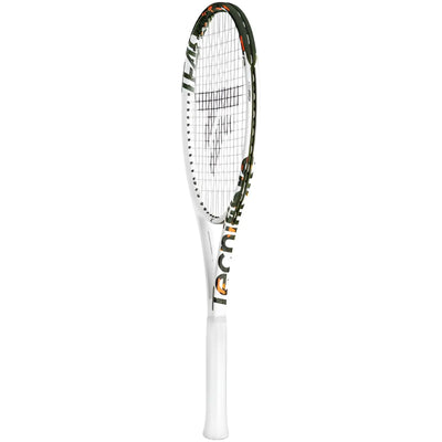 White Tecnifibre TF40 305 tennis racquet with orange and black accents, 16x19 string pattern.