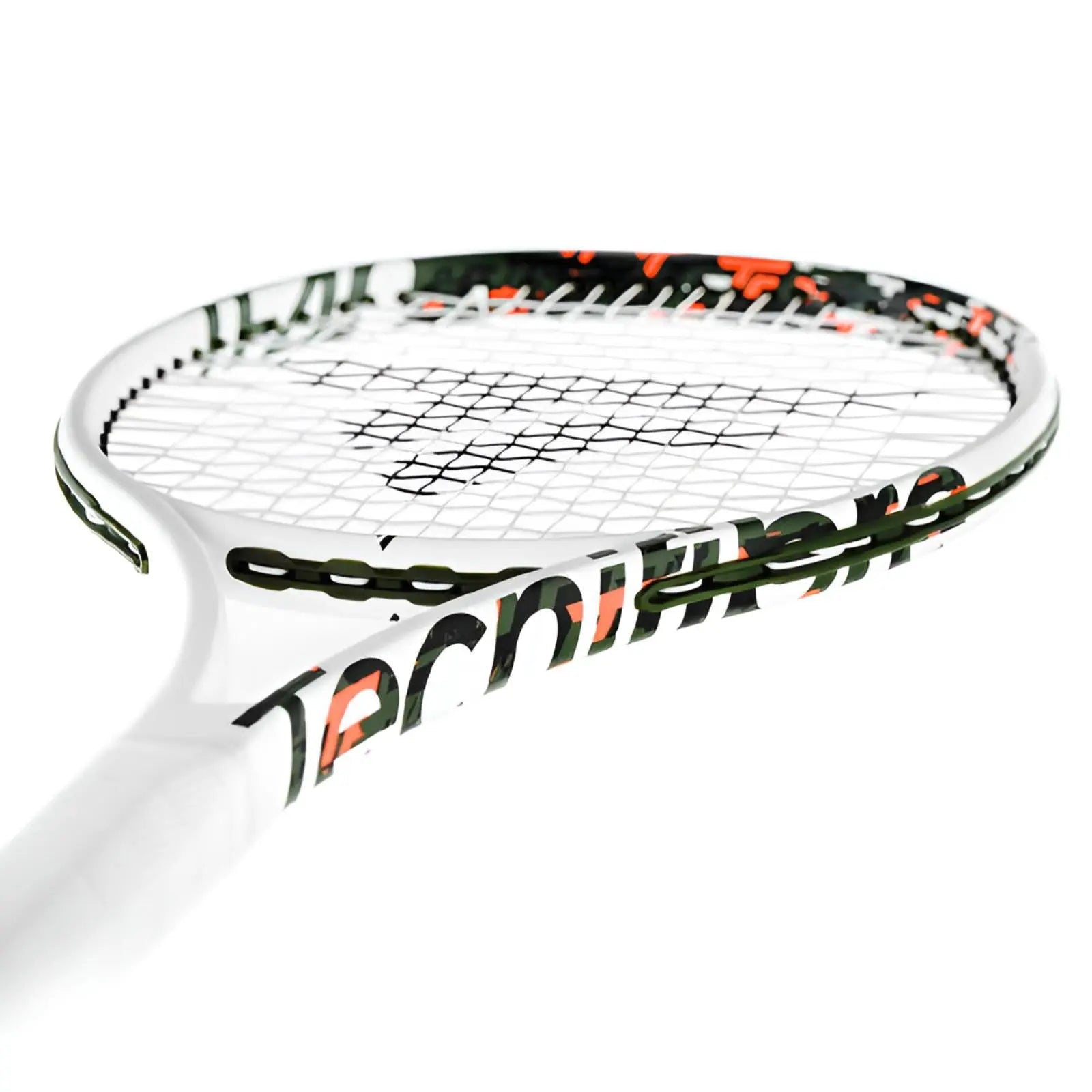 White Tecnifibre TF40 305 tennis racquet with black, green, and orange camo accents.
