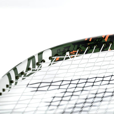 Tecnifibre TF40 305 tennis racquet head with green camo, orange accents, and white strings.