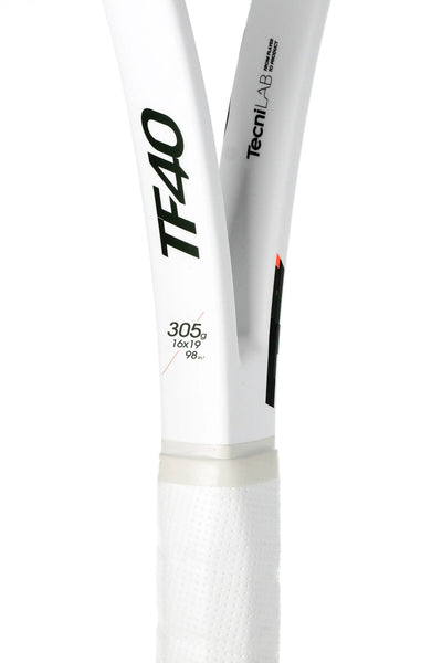 White Tecnifibre TF40 305 tennis racquet handle and throat, showing 305g, 16x19, 98 sq. in. specs.