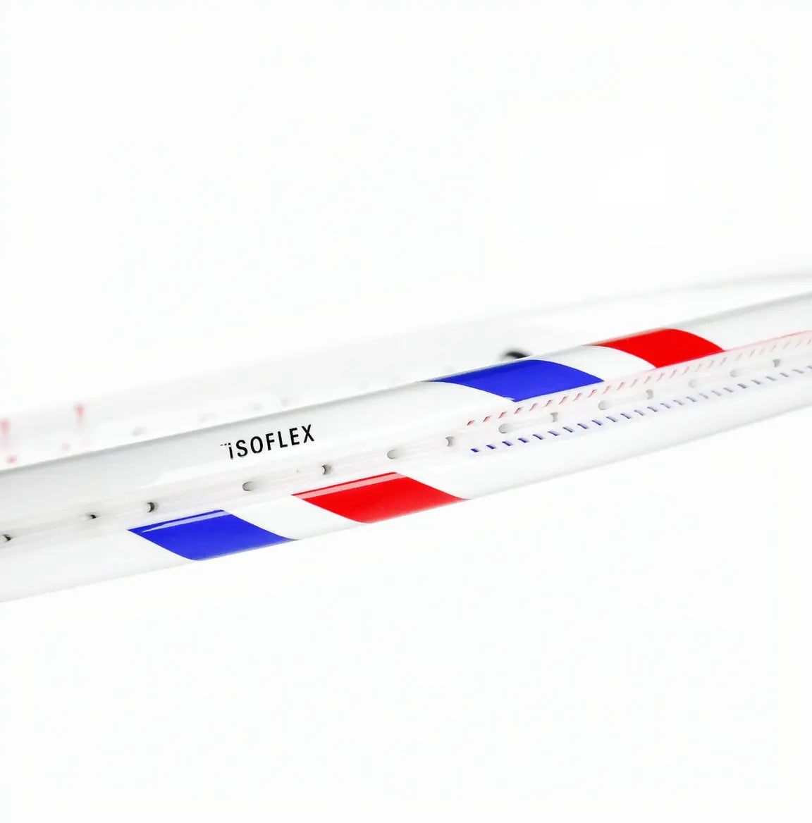 White Tecnifibre TFight Isoflex 270 tennis racquet frame with red and blue stripes.