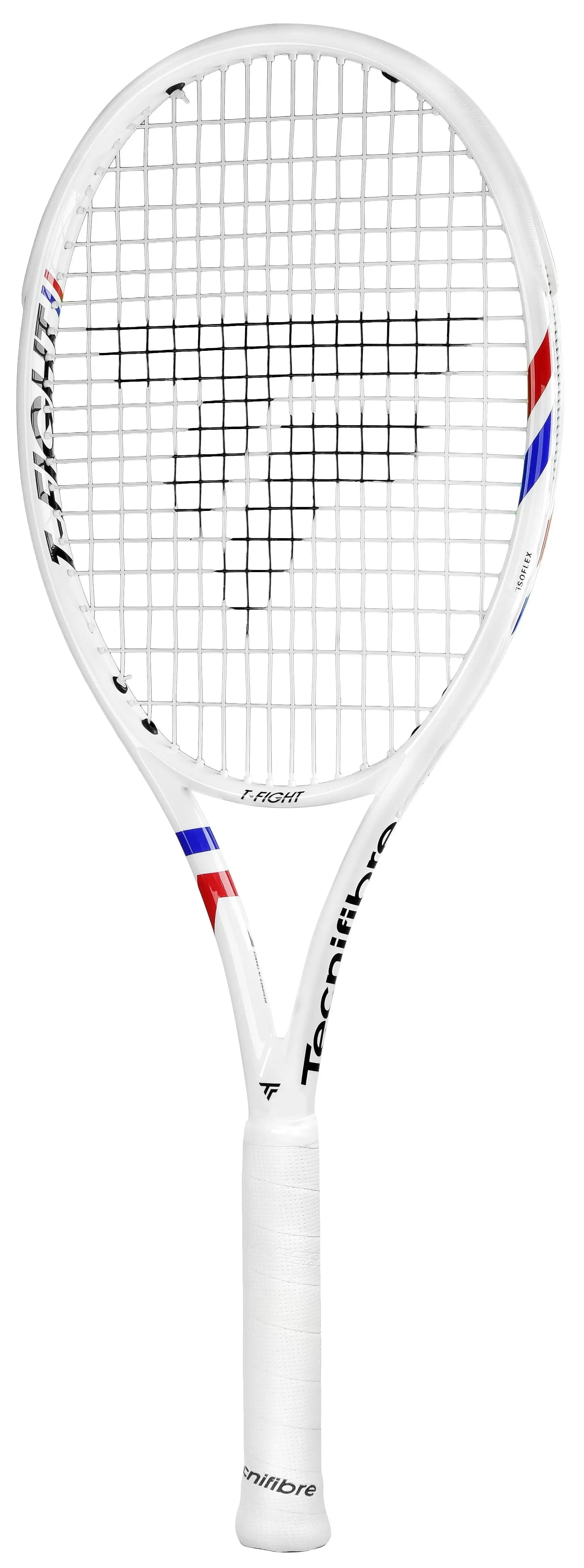 White Tecnifibre TFight Team (285g) tennis racquet with red and blue accents, white grip, and black strings.