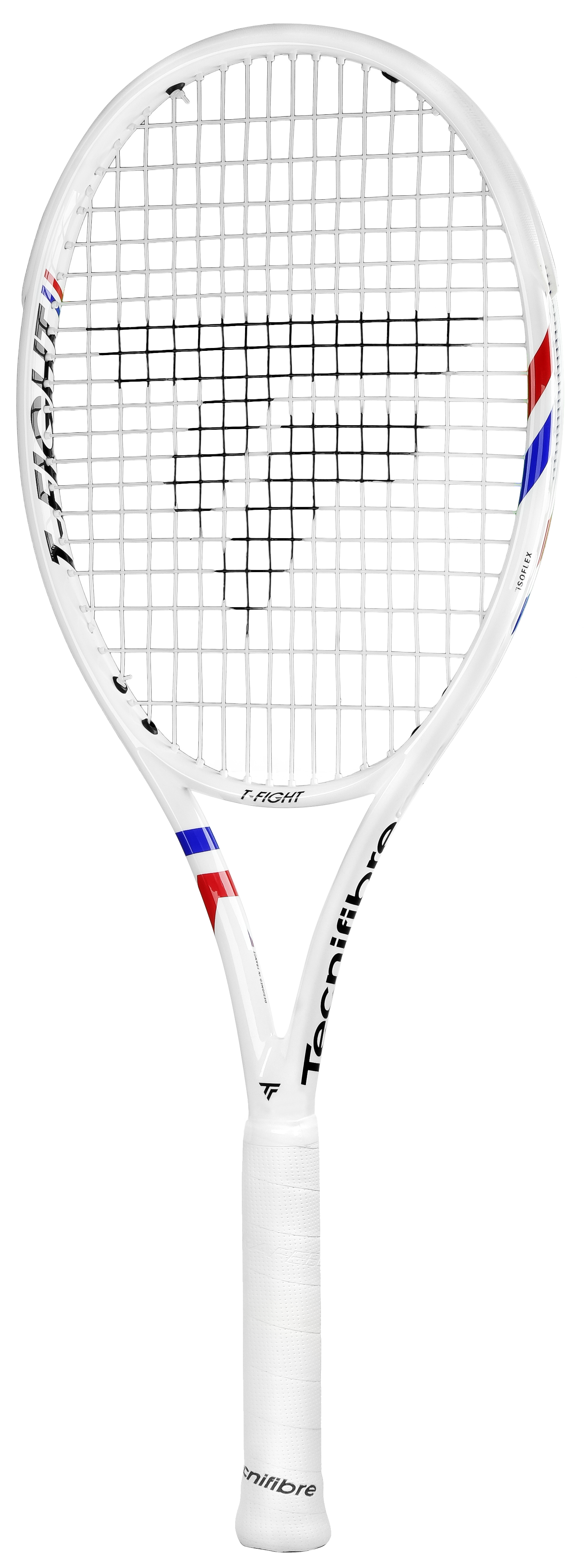 White Tecnifibre TFight Team (285g) tennis racquet with red and blue accents, white grip, and black strings.