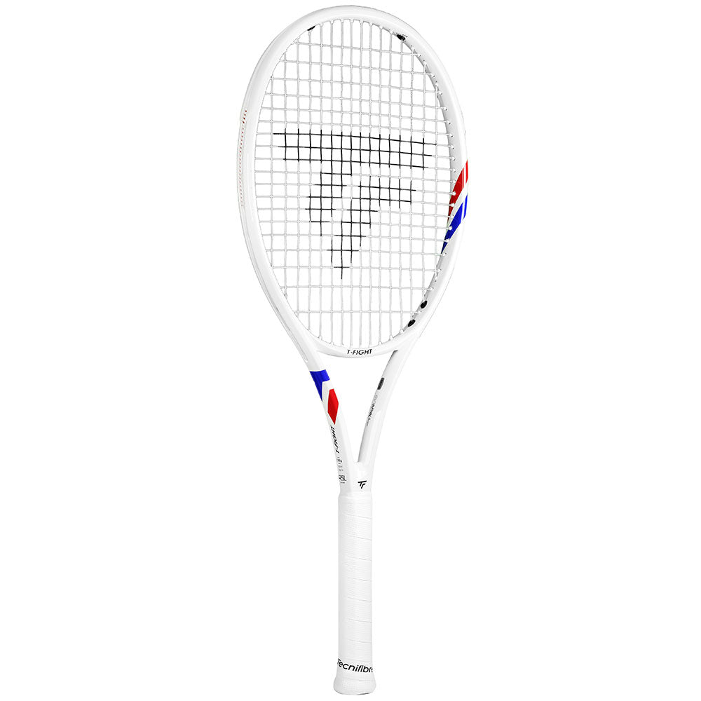 White Tecnifibre TFight Team (285g) tennis racquet with red and blue accents, 100 sq in head, and 16x19 string pattern.