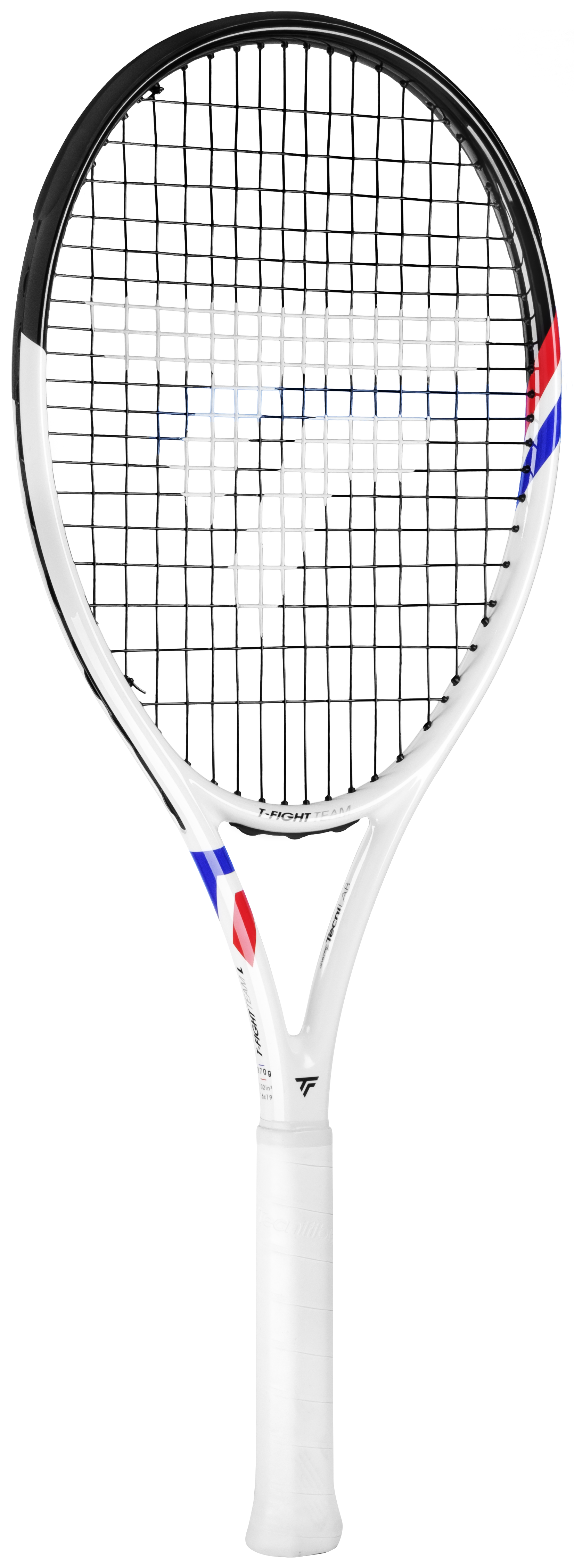 White Tecnifibre TFight Team L (270g) tennis racquet with black strings and red, white, blue accents.