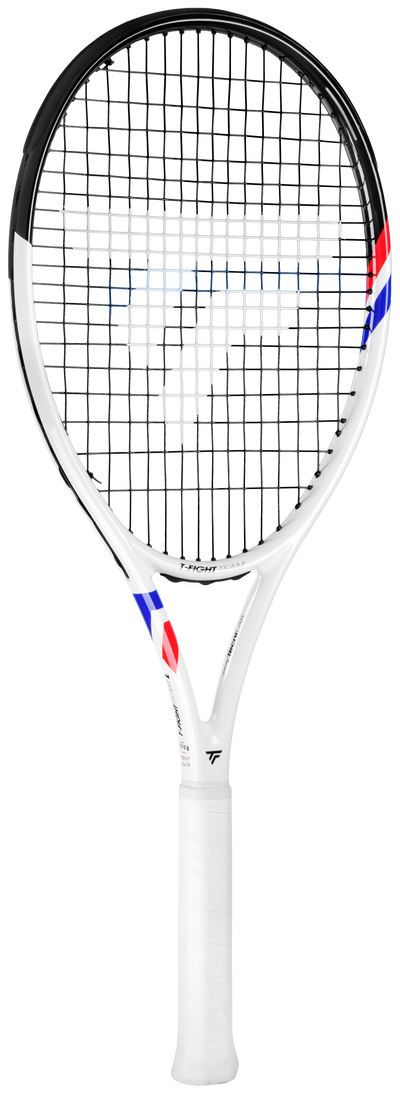 White Tecnifibre TFight Team L (270g) tennis racquet with black strings and red, white, blue accents.