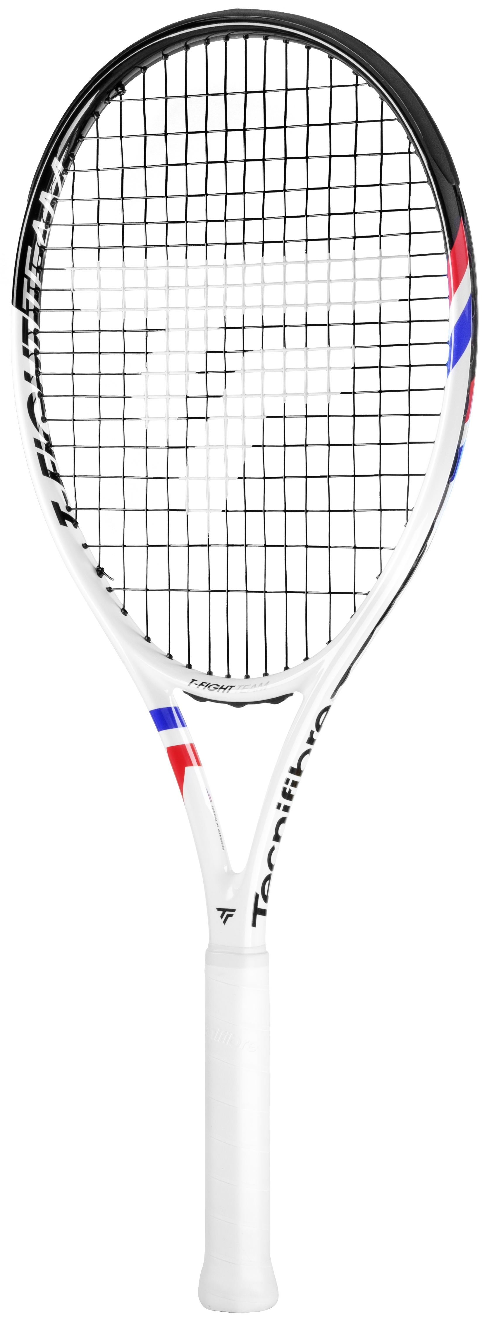 White Tecnifibre TFight Team L (270g) tennis racquet with black, red, and blue accents.